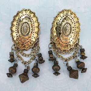 Vintage Huge Ginnie Johansen GJD Clip On Earrings Boho Ethnic Concho Motif ~3”